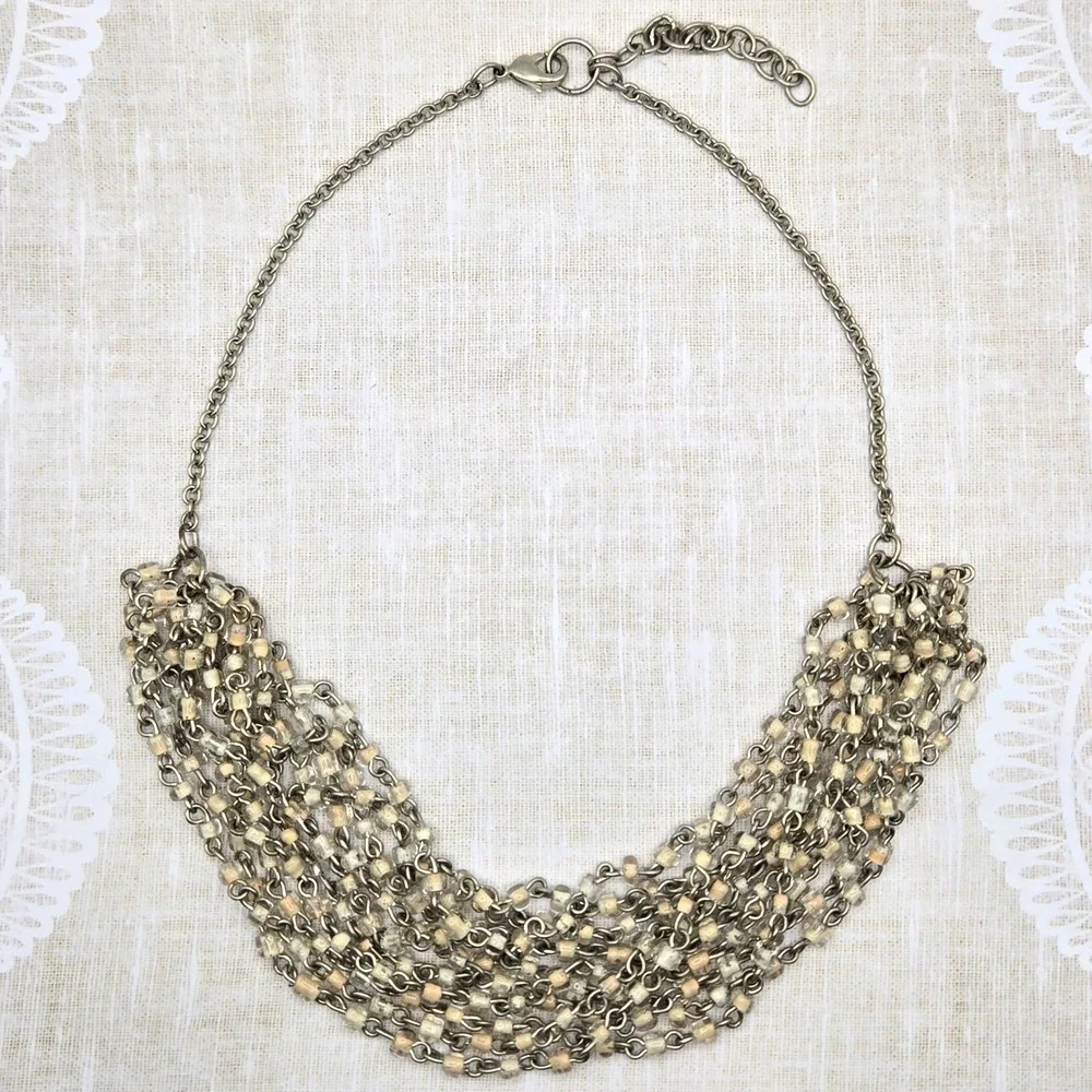 Vintage Handmade Silver Tone Multi Strand Necklace Cream‎ Clear Glass Seed Bead